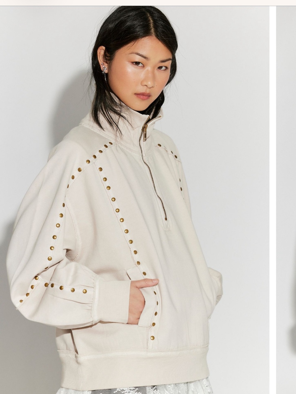 We The Free People Star-Studded Half Zip Pullover Sweatshirt In Tofu XL